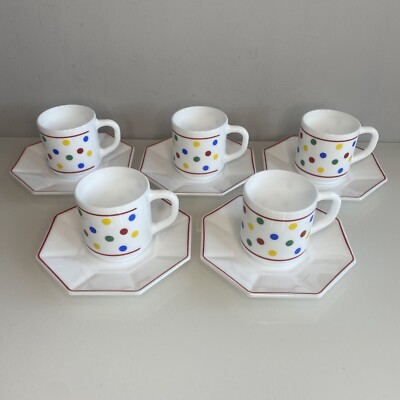 Selten Arcopal Milchglas Tassen & Untertassen Espresso Set (x5) Gefleckt Tupfen Vintage