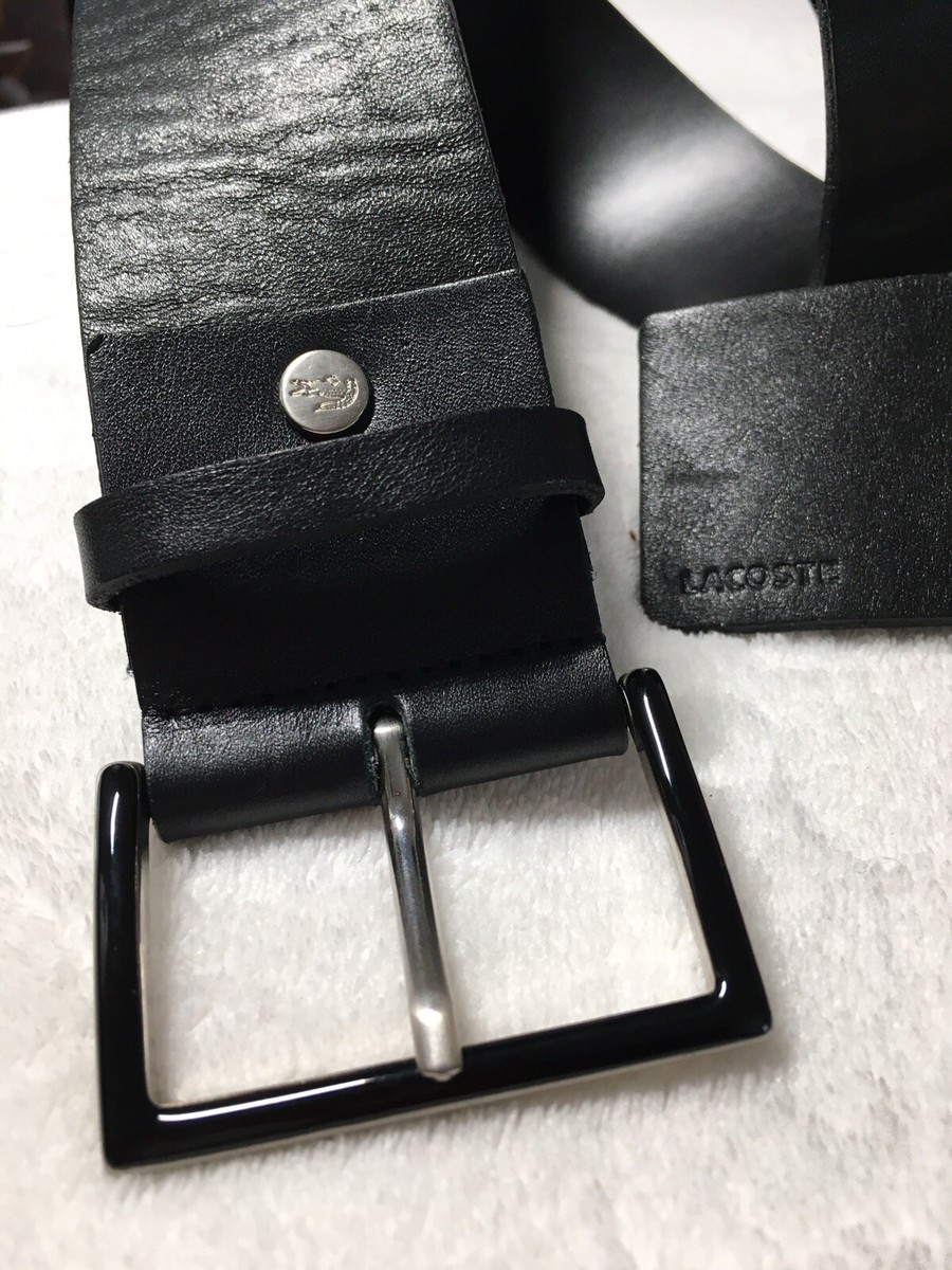 New LACOSTE Logo Buckle Black Genuine Leather Belt Size 32