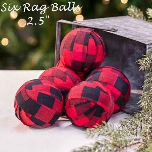NEW Rag Balls BUFFALO CHECK RED BLACK 2.5" Prim 6pc Bowl Jar Fillers Farmhouse