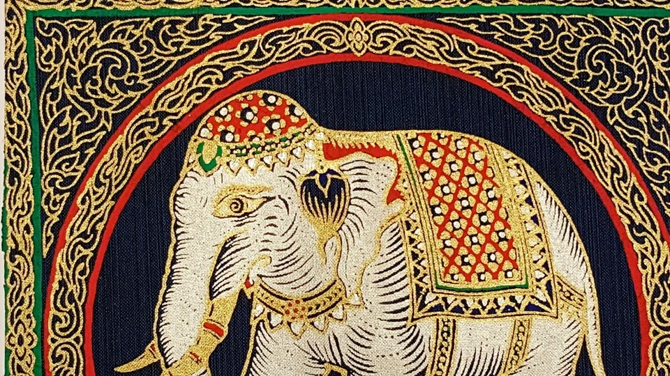 Dark Blue Thai Silk Painting White Elephant Art Poster Print Asian Home Decor - Image 2 of 4