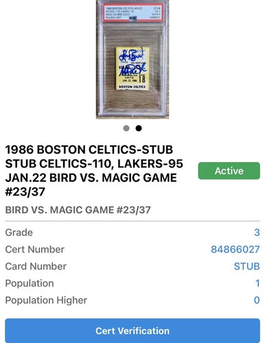 BIGLIETTO MAGIC JOHNSON/LARRY BIRD FIRMATO 1986 LAKERS/BOSTON H2H#23/37 PSA 3 AUTO 9 - Foto 9 di 12