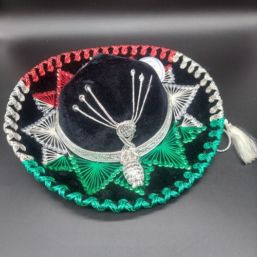 Luna Bambino Velluto Nero Sombrero Bandiera Messico Colori Autentica Etichetta su - Foto 2 di 6