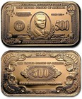 1 Troy Oz. Copper Bar McKinley $500 Banknote Design .999 Fine Pure Bullion Ingot — photo 2