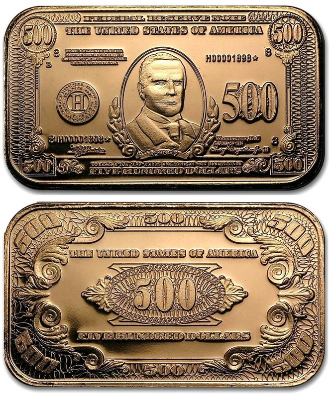 1 Troy OZ Copper Bar McKinley $500 Banknote Design 0.999 Fine Pure Bullion Ingot