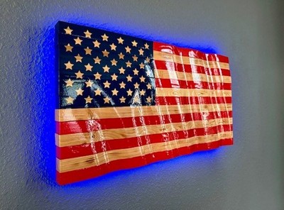 Wavy Wooden American Flag LED Backlit ''Old Glory'' wall hanging