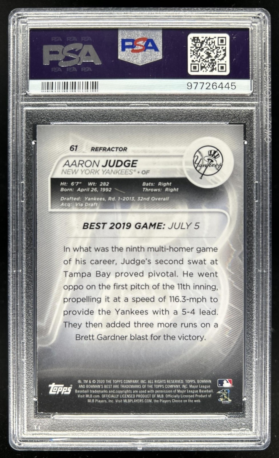 2020 Bowman's Best Aaron Judge Refractor #61 New York Yankees PSA 10 GEM MINT view 2