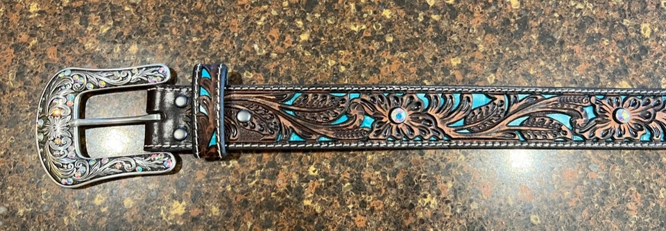 Cinturón para mujer Ariat cuero estrás marrón occidental turquesa nuevo talla mediana Foto 3 de 4