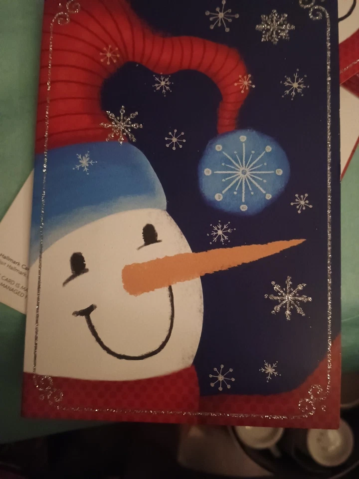 LOTE DE 15 TARJETAS DE NAVIDAD CON SELLO + Sobres, Lindo Muñeco de Nieve Plata Brillo Foto 2 de 4