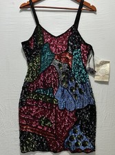 Fully Beaded Sequin Silk Dress Party Vtg 80s Multi Colored Lrg Stunning C6 Nwt