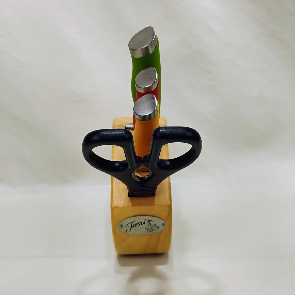 Juego de cuchillos Fiestaware vintage bloque de almacenamiento de 4 ranuras 3 cuchillos 1 tijera  Foto 2 de 4