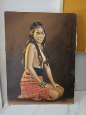  Artist Signed Portrait Oil Painting 1978 Kneeling Philipino Woman  24x18