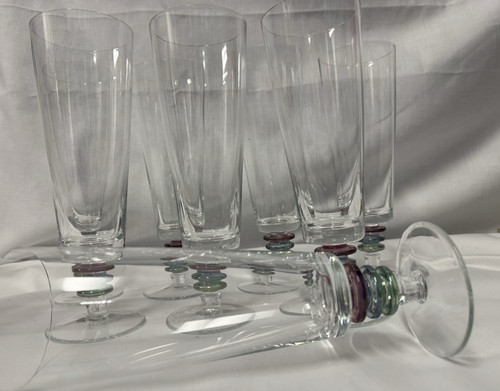 (8) Block Crystal 'Carnival'  9.25 Inch Rare PILSNER GLASSES w/Multicolor Ring