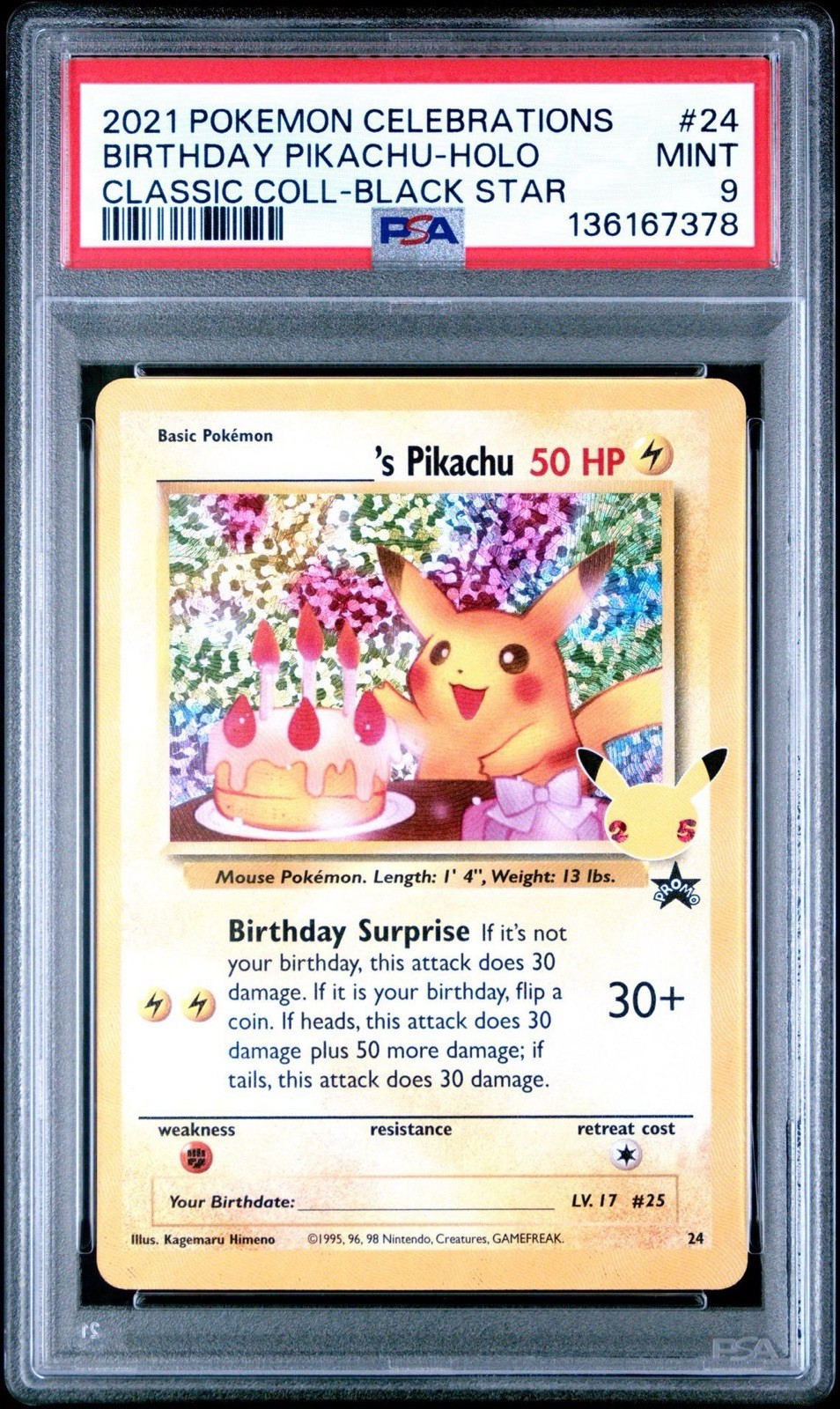2021 Pokemon Celebrations Birthday Pikachu-Holo Coll-Black Star #24 PSA 9