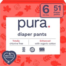 Pura Hypoallergenic Size 6 Pull-Up Pants 51ct Organic Cotton 12hr Overnight Diap