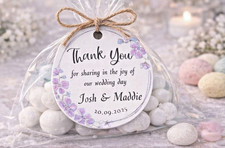 Personalised Round Purple Floral Wedding Thank You Tags, Botanical Favour Labels