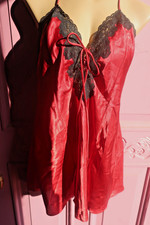90s Fredericks of Hollywood Lingerie Chemise Slip Red Black Satin Lace Trim SZ L