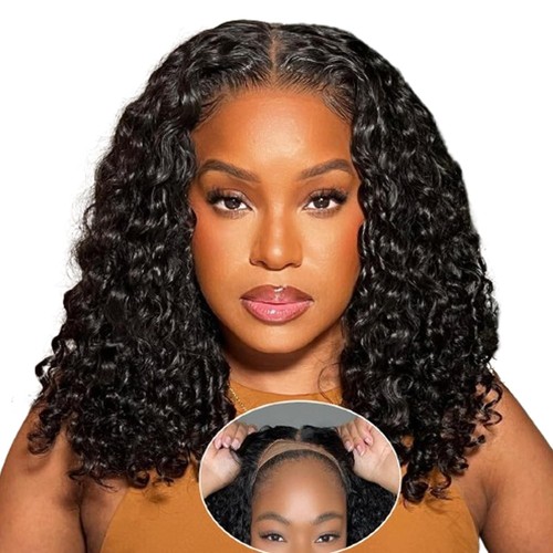 Wear and Go Glueless Wigs Human Hair Pre Plucked 180% Density Deep Wave Bob W...