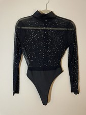 Long Sleeve MEDIUM Black Sheer Leotard With Sequins. Unbranded.