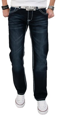 A. Salvarini Herren Designer Jeans Hose Dunkelblau dicke blaue Nähte W29-W42 03