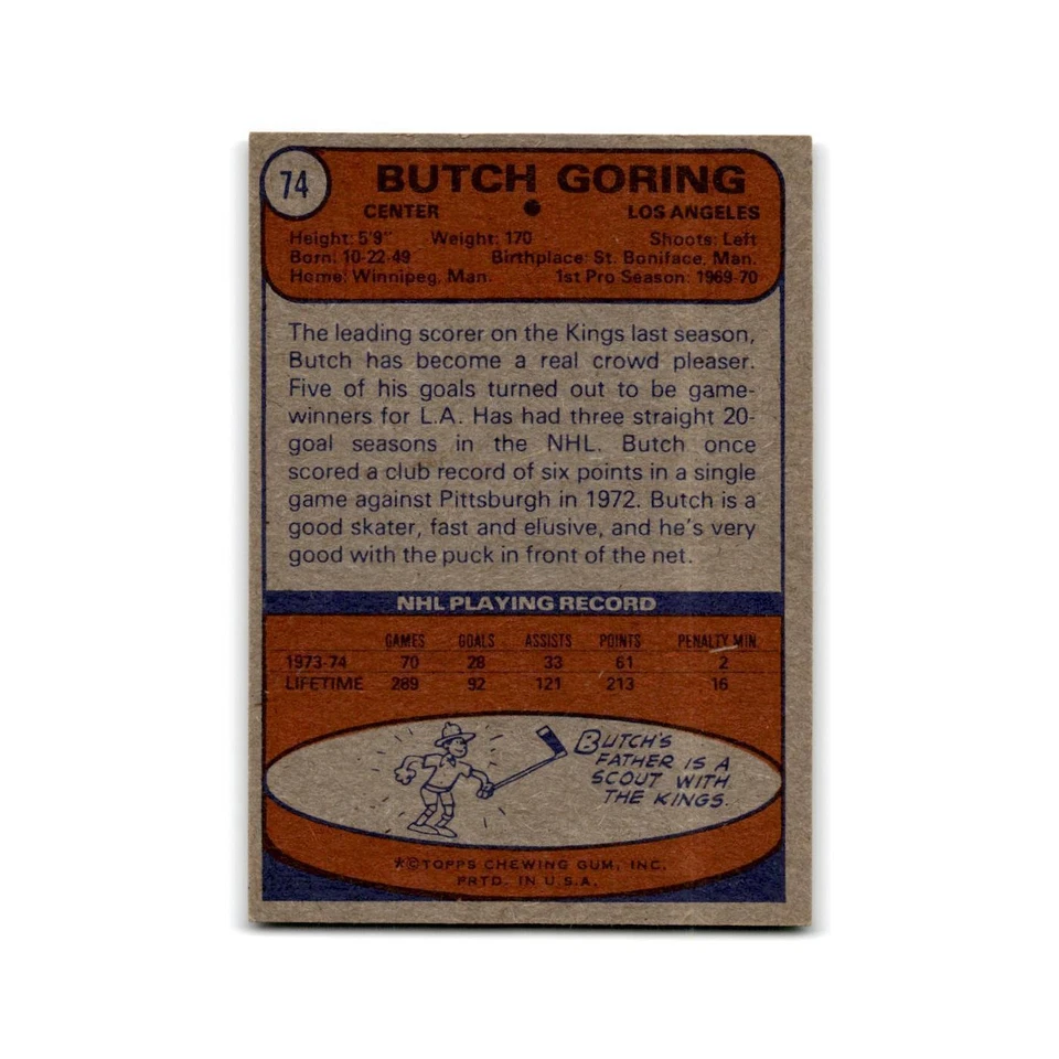1974 Topps Butch Goring Los Angeles Kings #74 - Image 2 of 3