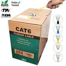 BN Cables Bulk Cat6 1000ft  Solid Plenum CMP Rated 550 Mhz 23 Awg Cable Yellow