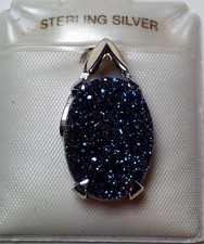 19X15mm Oval Blue Druzy Chevron Top Solid Sterling Silver Pendant 2750
