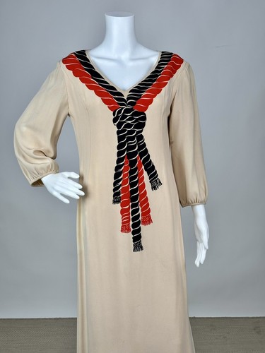Vintage 1960s Galanos Beige Silk Crepe Gown w/ Black & Red Printed Robe Neckline - Picture 2 of 14