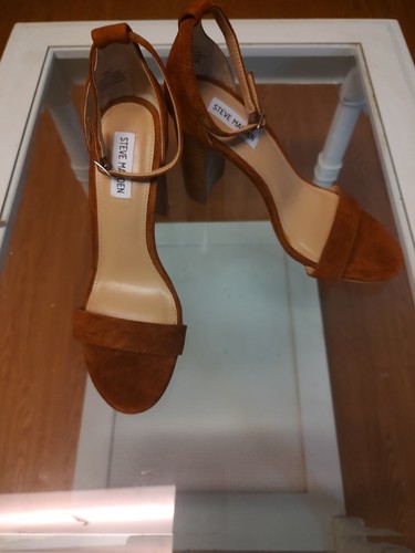 Steve Madden Carrson Chestnut Suede Strappy Stacked Block Open Toe Heels - 9.5M - Picture 2 of 8