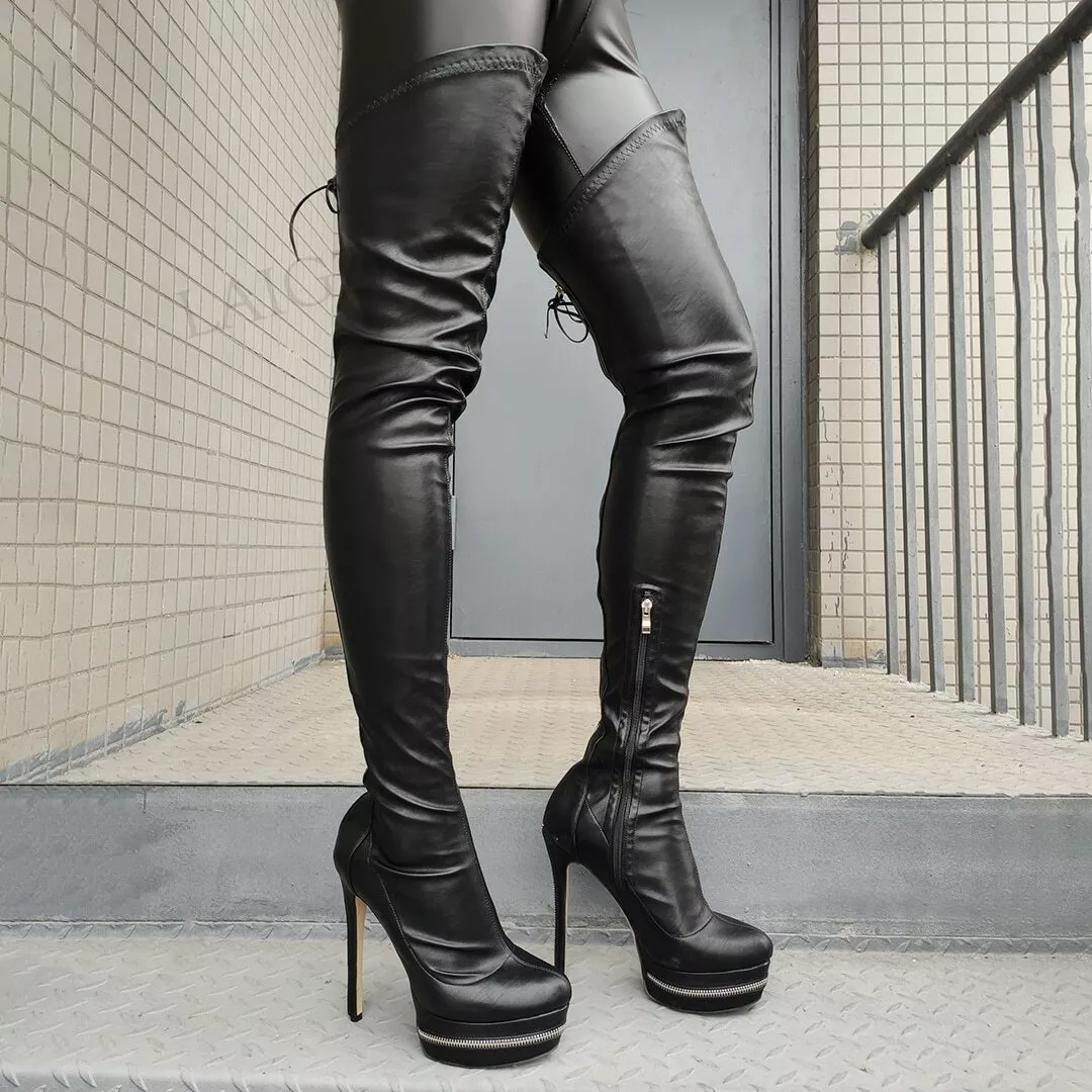 Black leather thigh high platform boots new arrivals