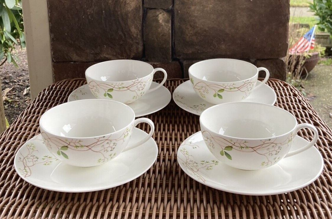 New Calvin Klein Verdant ️ 4 Sets Flat Cups & Saucers Brown Vines Green