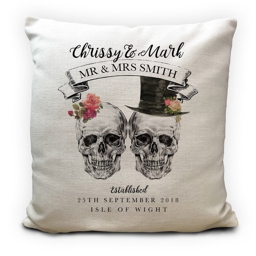 Personalised Wedding Skulls Cushion Cover Mr Mrs Gothic Home Decor