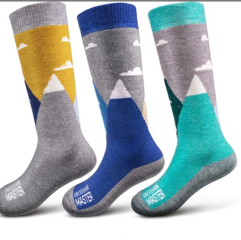 OutdoorMaster Kid's-M Ski Socks - Merino Wool Blend, Mountain Set of Three Pairs