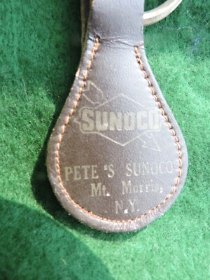 Vintage Sunoco Gas Station Dark Leather Keychain~Pete's Sunoco Mt. Morris, NY
