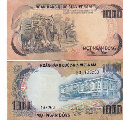 Vietnam Viet Nam money 1000 Dong note 1972 Showing Elephant VN