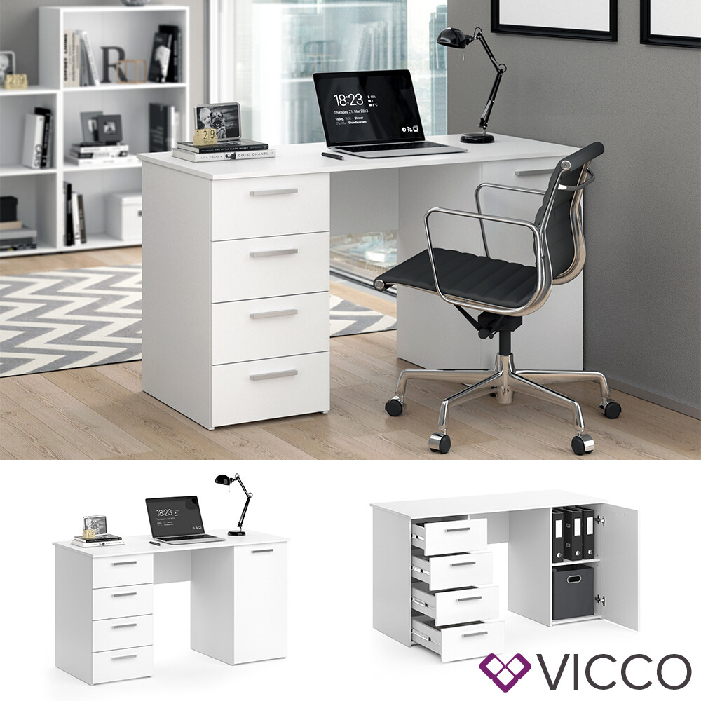 Bureau informatique blanc Vicco Nico avec tiroirs et tablettes