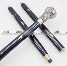 Vintage Solid Silver Brass Handle Antique Victorian Cane Wooden Walking Stick