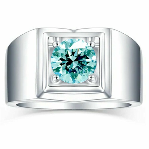 2.10 Ct Vvs1 Blue Round Moissanite Engagement Men's Ring 925 Silver Size 9.25