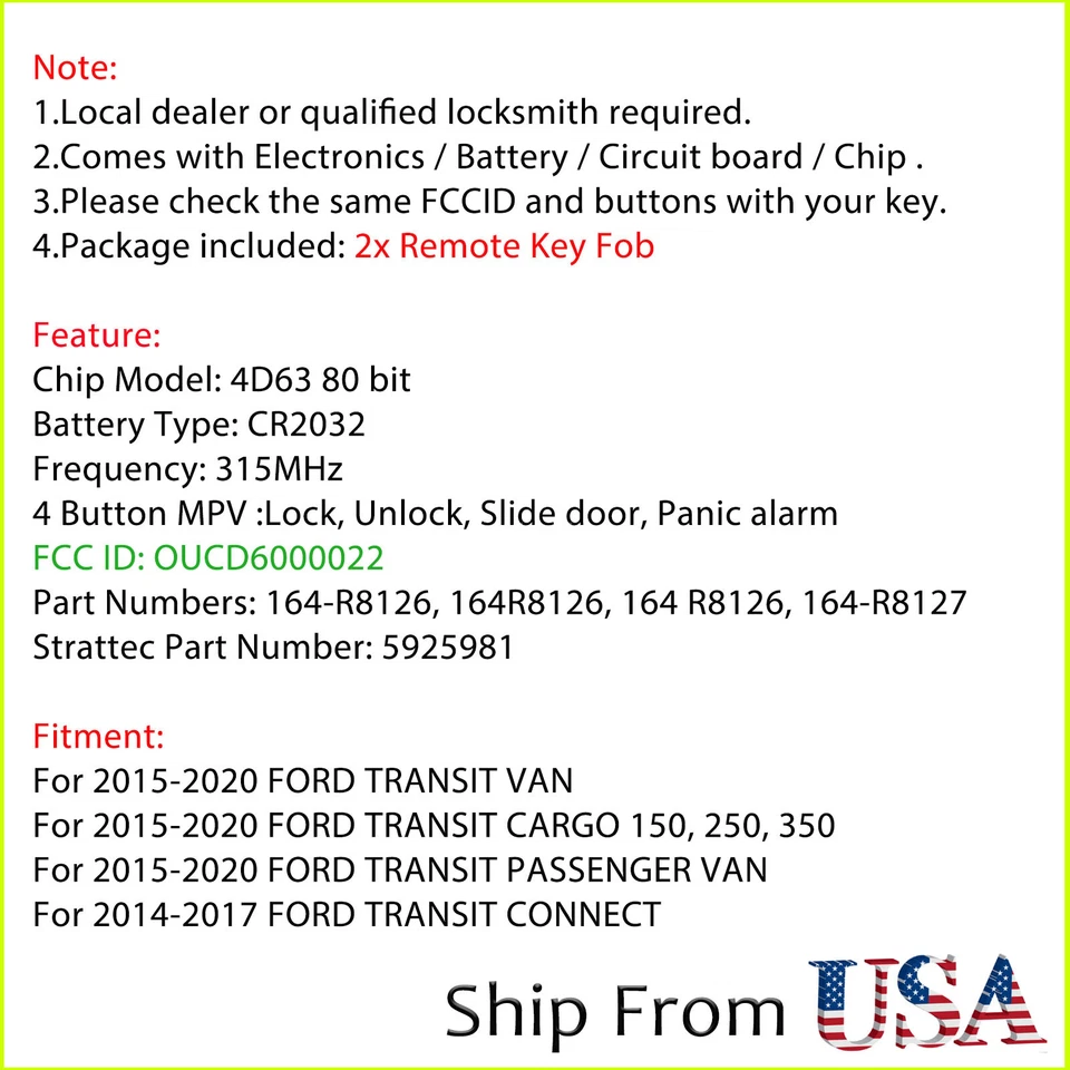 2 para Ford Transit Van 2015 2016 2017 2018 2019 2020 mando a distancia OUCD6000022 Foto 2 de 4