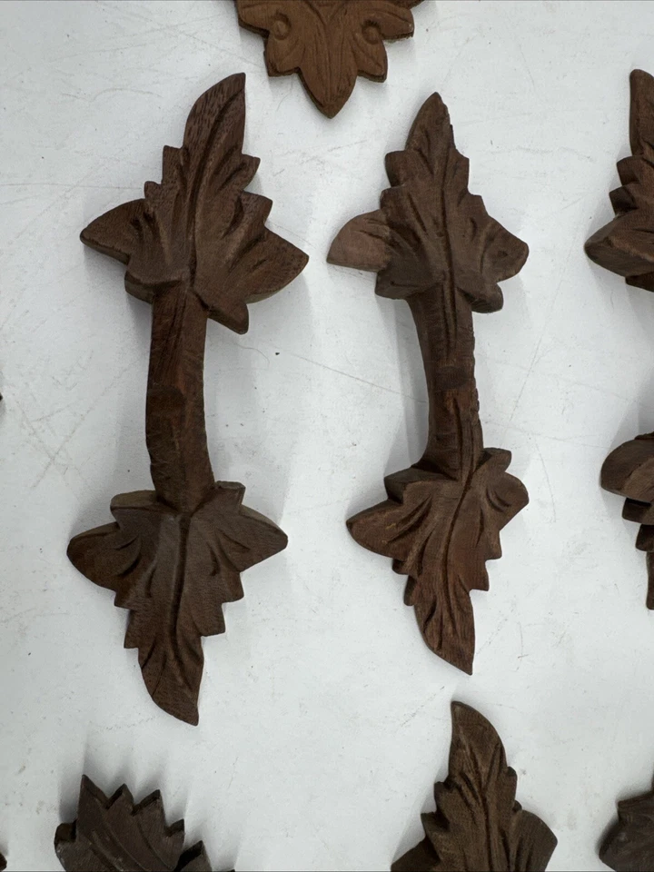 4 Antique Walnut Dresser Drawer Pulls And Assorted Decorative Carvings - Image 2 of 4