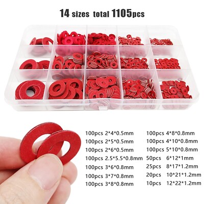 415/1105pcs M2-M12 Red Steel Paper Flat Washer Plain Insulation Gasket Kit Set