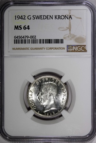 SWEDEN Gustaf V Silver 1942 G 1 Krona NGC MS64 KEY DATE RARE KM# 786.2 (002) - Picture 2 of 4