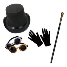 Unisex Steampunk Victorian Adventurer Set Top Hat Gloves Cane Goggles FancyDress