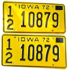 Vintage Iowa Auto 1972 Auto License Plate Set Pair 12 10879 Butler Co. Pub Decor