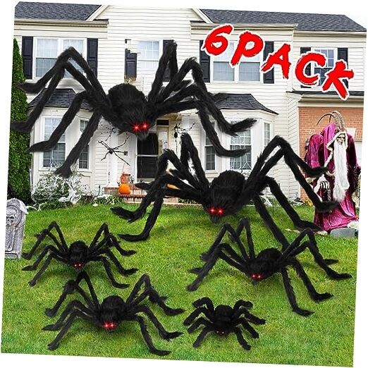 Halloween Giant Realistic Hairy Spider Decorations Set of 6