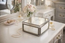 Vintage Beveled Glass Jewelry Box Etched Mirror Lid Velvet Lined Trinket Box