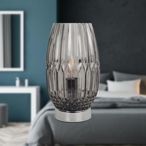 Set of 2 Modern Chrome with Smoke Faceted Glass Table Lamps Bedside Lights - Picture 6 of 8