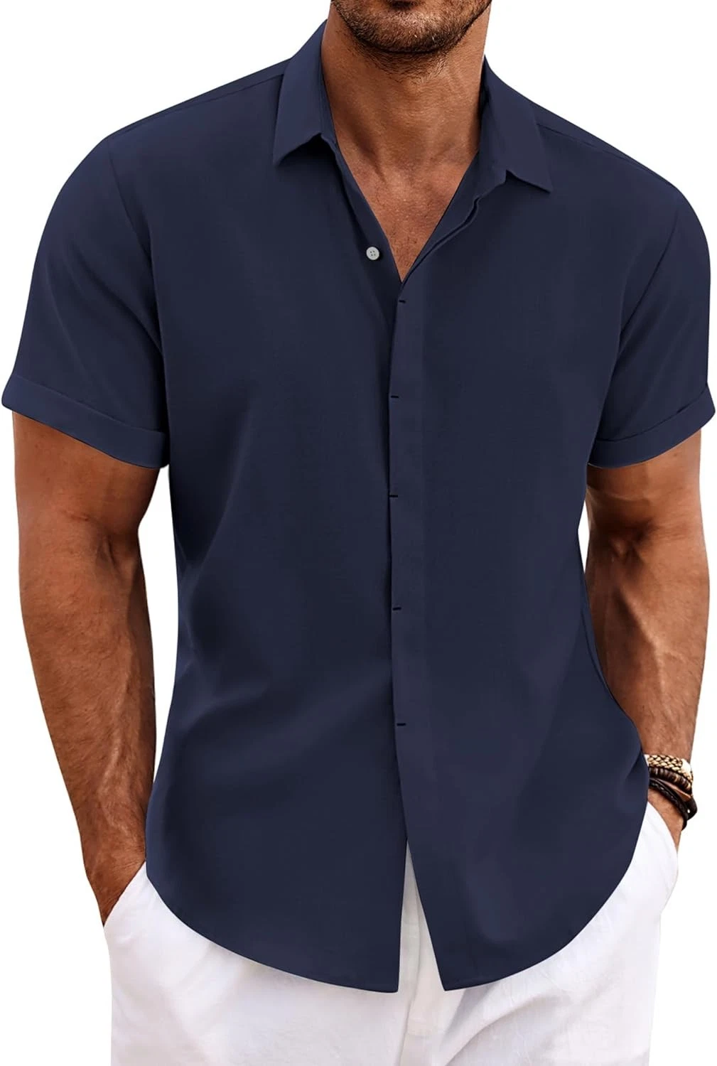 COOFANDY Men's Linen Shirts Short Sleeve Casual Large, Navy Blue