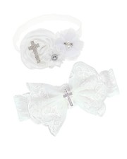 Baby Baptism Headband Bow Newborn Christening Hair Band Lace C2-Cross Set