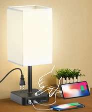 Touch Control Bedside Table Lamp with USB C & USB a Charging Port and 2 AC Outle