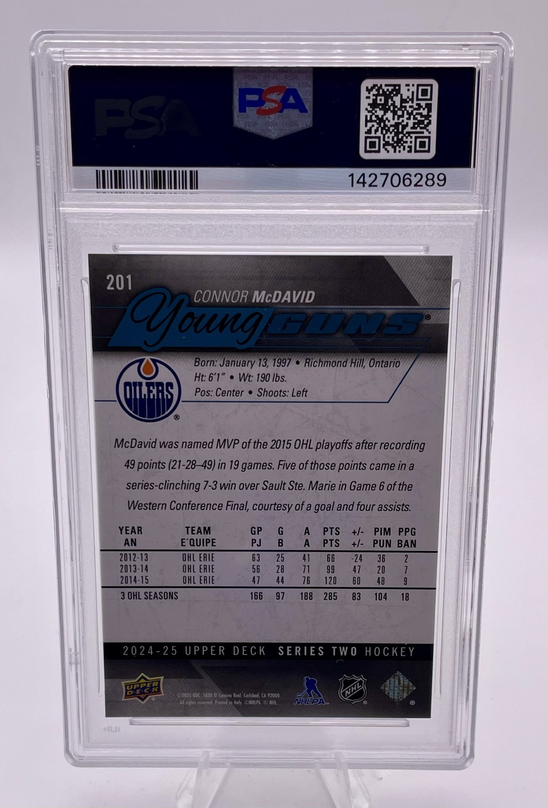 2024-25 Upper Deck Connor McDavid Young Guns Renewed PSA 8 #201 Oilers RC view 2